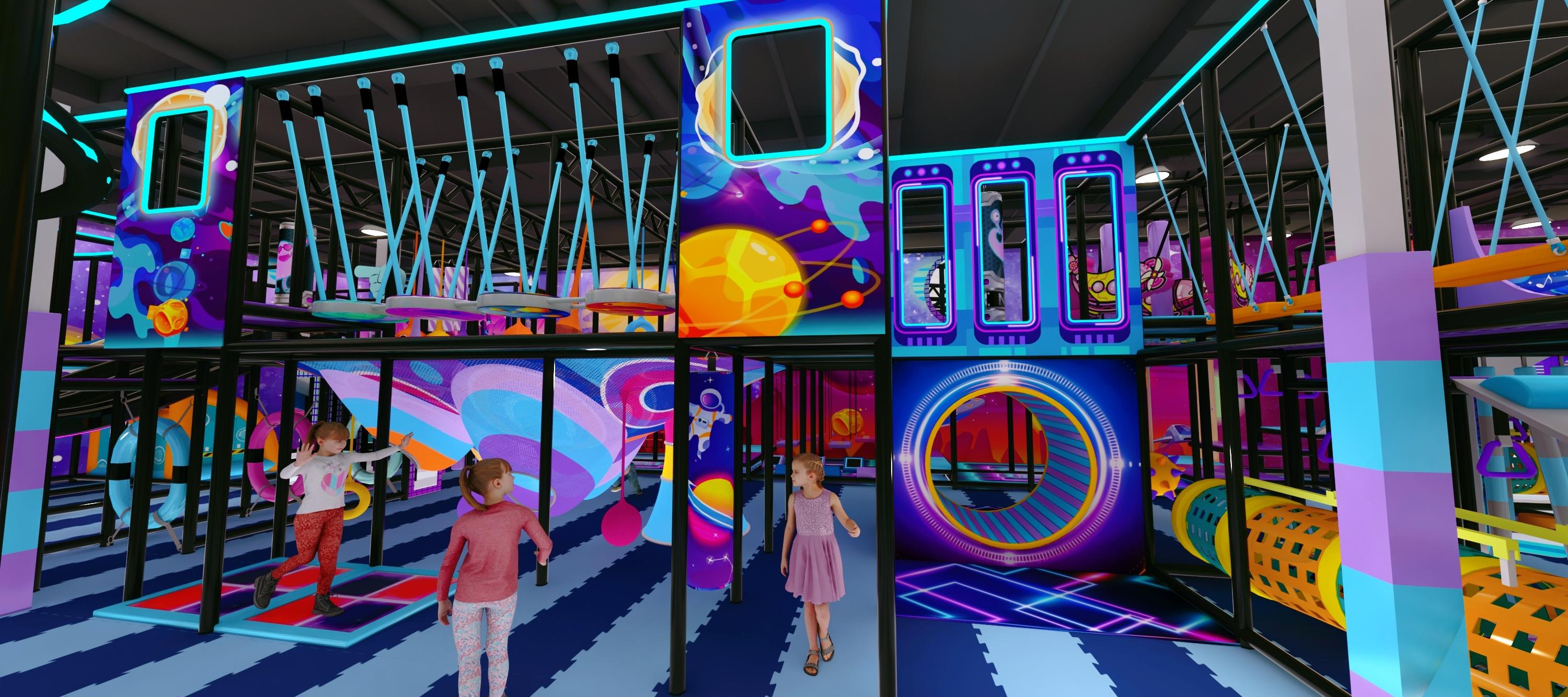 Conceptual rendering by Cheer Amusement — actual facility may differ. Children play together in the space-themed indoor zone where Planet of Play hosts Homeschool Days — a weekly weekday-morning meet-up for homeschool families.